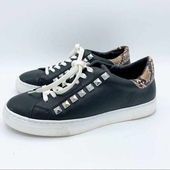 Steve Madden Sienna Black Lace Up Sneakers with Snakeskin and Stud Detailing - Picture 2 of 14